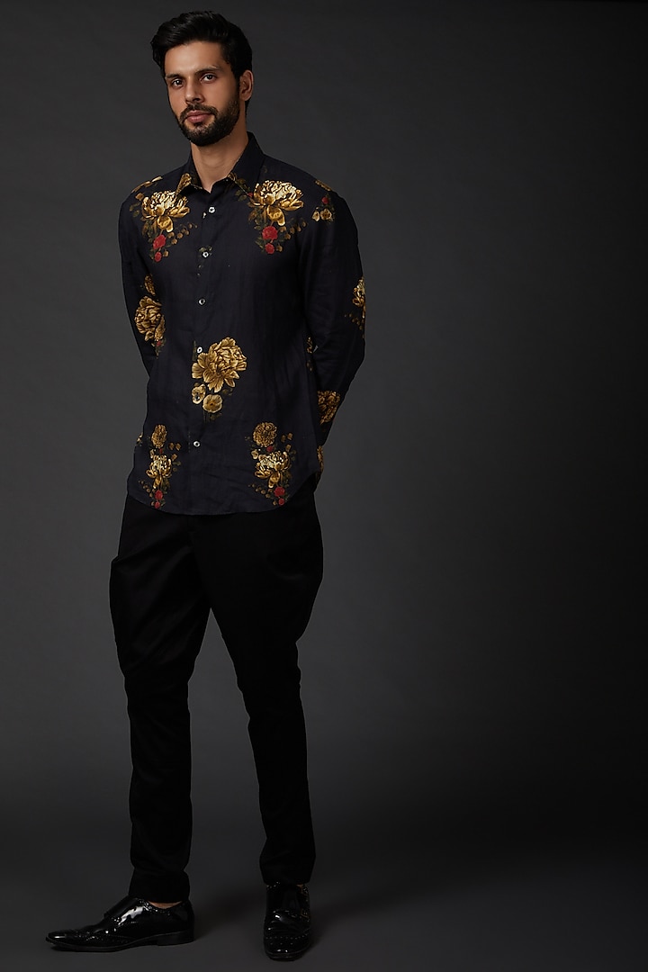 Indigo Blue Printed Linen Shirt by Rohit Bal Men