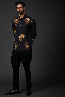 Indigo Blue Printed Linen Shirt by Rohit Bal Men-POPULAR PRODUCTS AT STORE