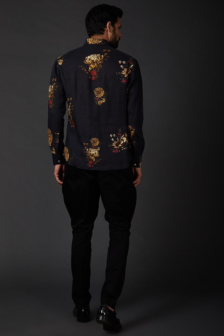 Indigo Blue Linen Digital Printed Party Wear Shirt by Rohit Bal Men at Pernia's Pop Up Shop