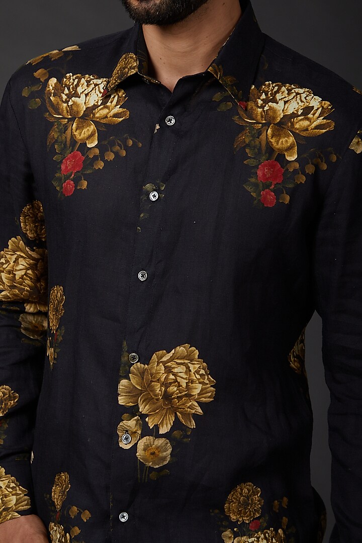 Indigo Blue Linen Digital Printed Party Wear Shirt by Rohit Bal Men at Pernia's Pop Up Shop