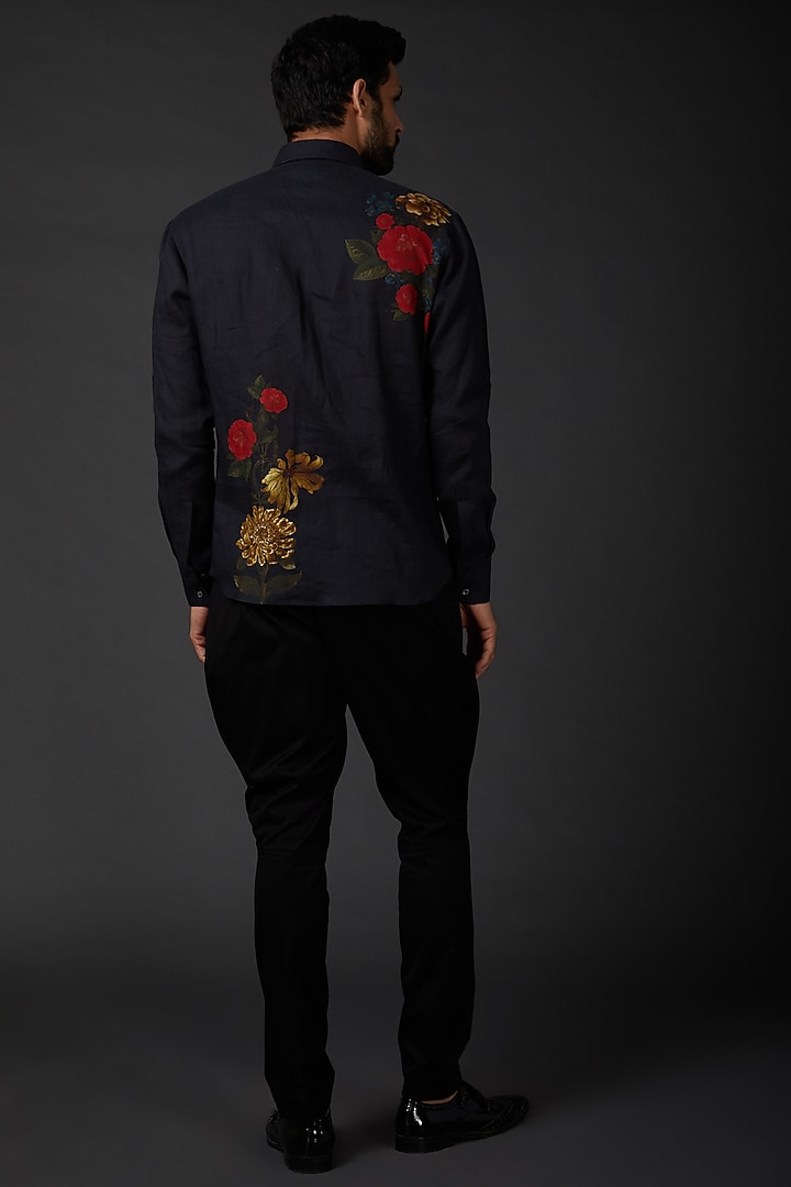 Indigo Blue Linen Digital Printed Party Wear Shirt by Rohit Bal Men at Pernia's Pop Up Shop