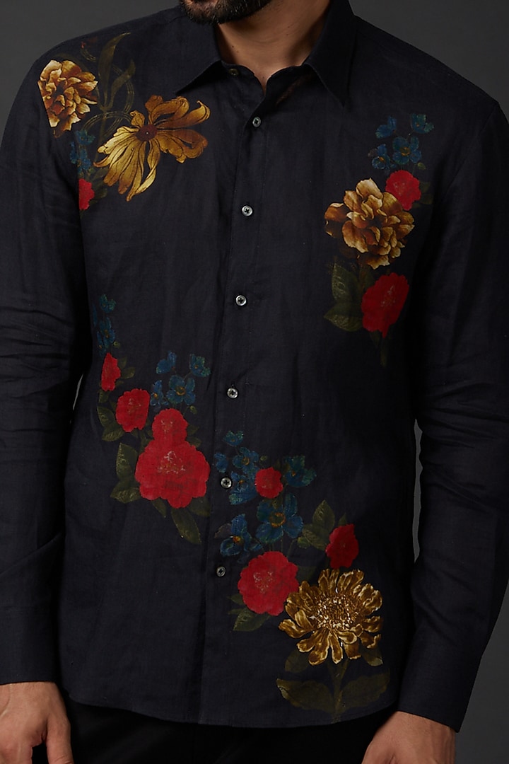 Indigo Blue Linen Digital Printed Party Wear Shirt by Rohit Bal Men at Pernia's Pop Up Shop