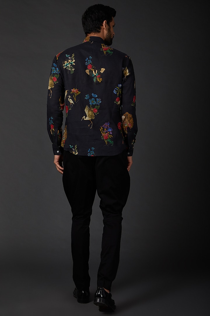 Indigo Blue Linen Printed Party Wear Shirt by Rohit Bal Men at Pernia's Pop Up Shop