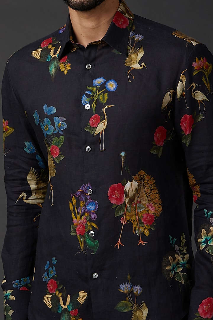 Indigo Blue Linen Printed Party Wear Shirt by Rohit Bal Men at Pernia's Pop Up Shop