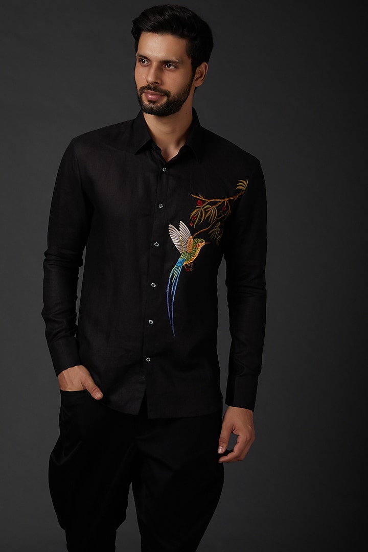 Black Machine Embroidered Shirt by Rohit Bal Men