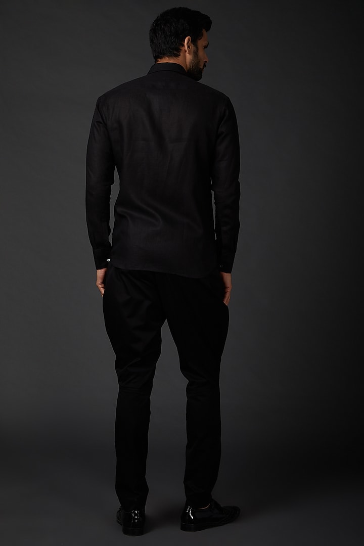 Black Linen Machine Embroidered Party Wear Shirt by Rohit Bal Men at Pernia's Pop Up Shop