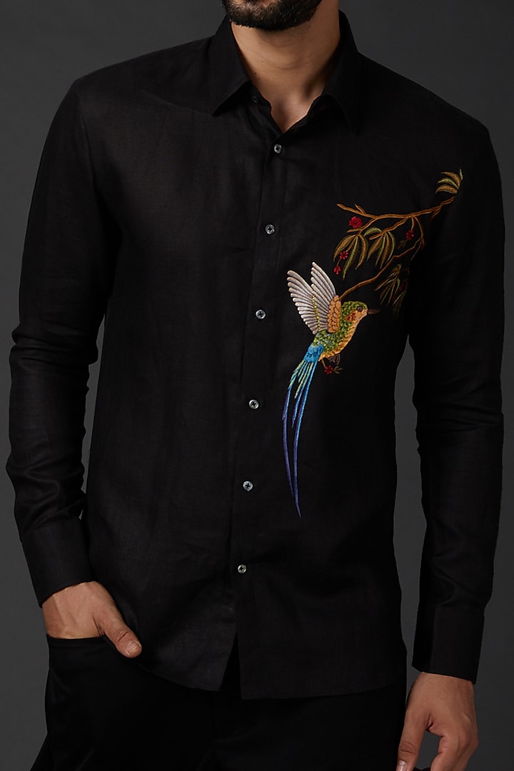 Black Linen Machine Embroidered Party Wear Shirt by Rohit Bal Men at Pernia's Pop Up Shop
