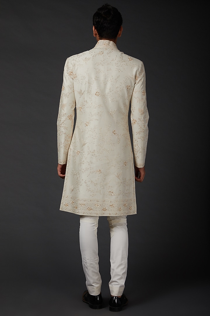 Ivory Chanderi Groom Sherwani by Rohit Bal Men at Pernia's Pop Up Shop
