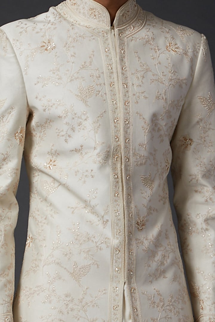 Ivory Chanderi Groom Sherwani by Rohit Bal Men at Pernia's Pop Up Shop