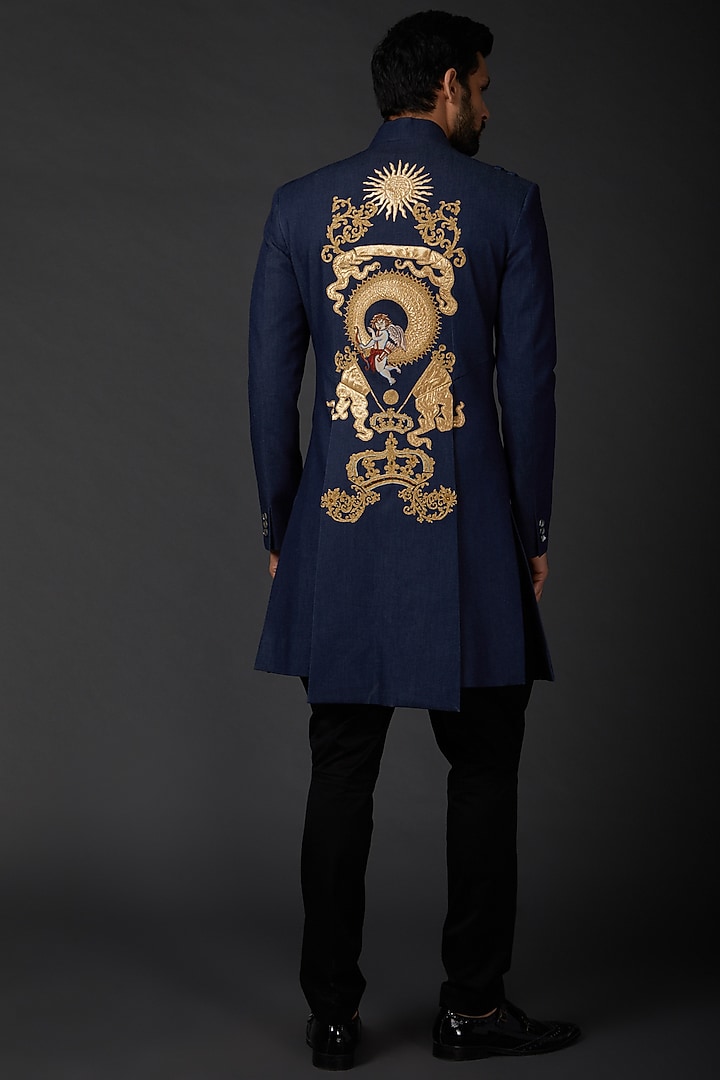 Indigo Blue Matka Silk Groom Sherwani by Rohit Bal Men at Pernia's Pop Up Shop