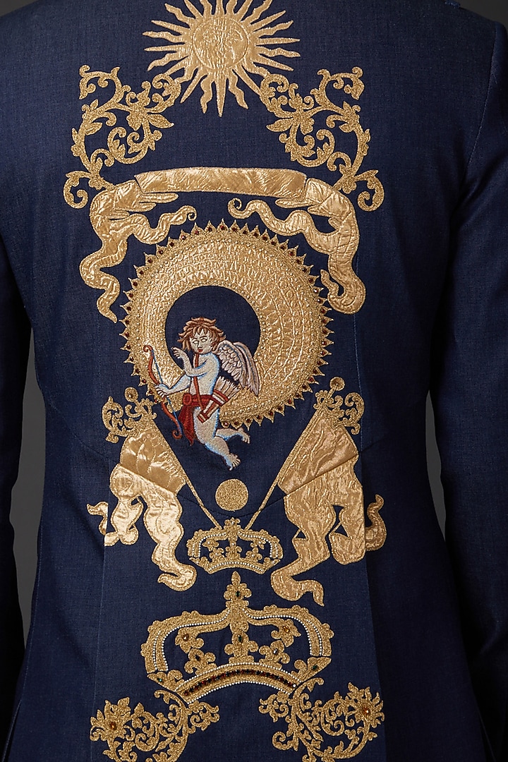 Indigo Blue Matka Silk Groom Sherwani by Rohit Bal Men at Pernia's Pop Up Shop