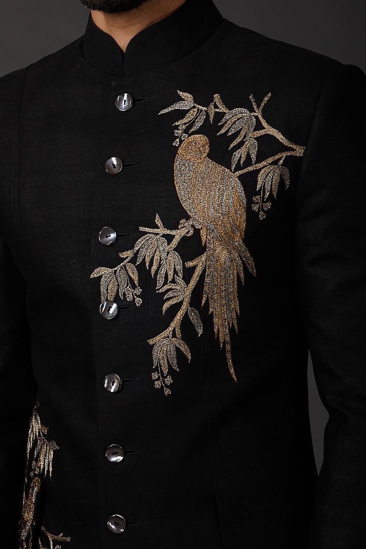 Black Matka Silk Groom Sherwani by Rohit Bal Men at Pernia's Pop Up Shop
