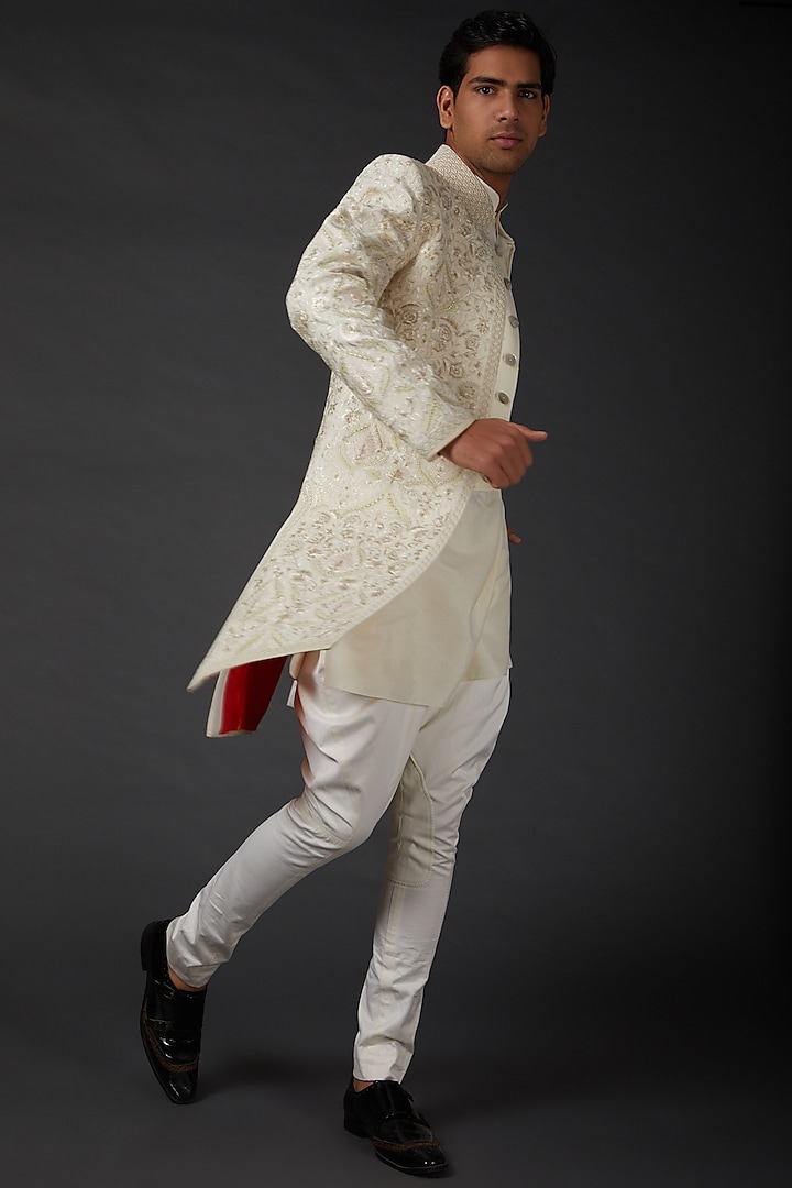 Ivory Sherwani In Matka Silk by Rohit Bal Men