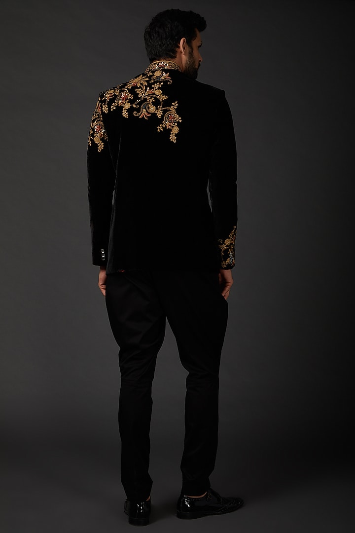 Black Silk Velvet Embroidered Groom Bandhgala by Rohit Bal Men at Pernia's Pop Up Shop
