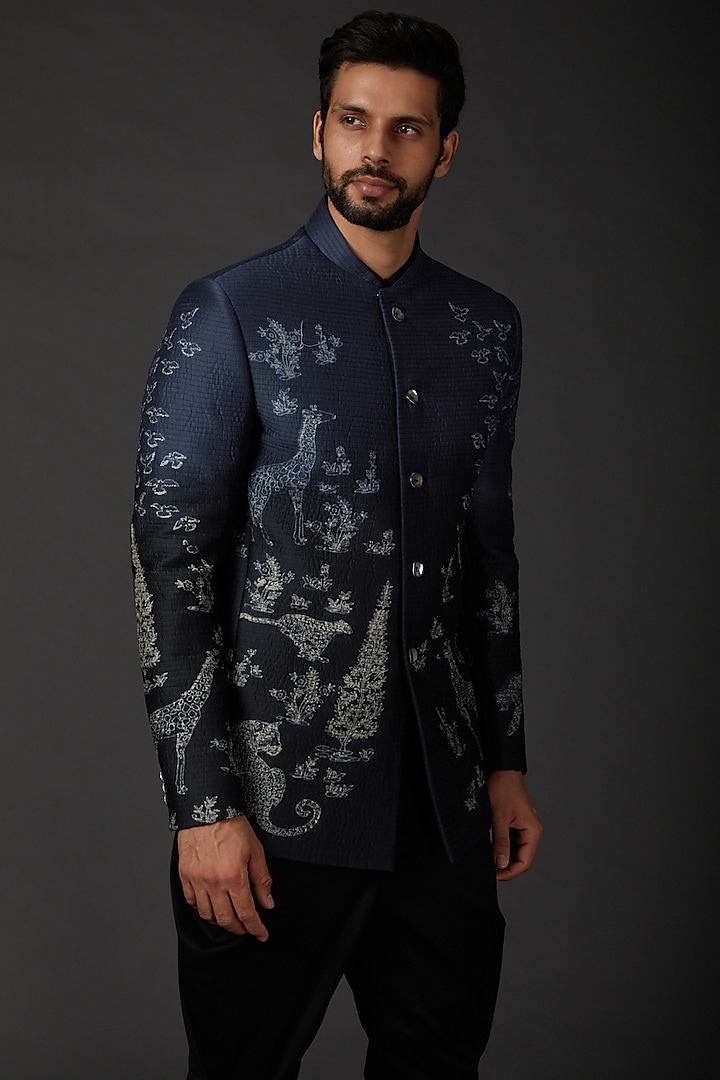 Indigo Blue Shibori Bandhgala Jacket Design by Rohit Bal Men at Pernia ...