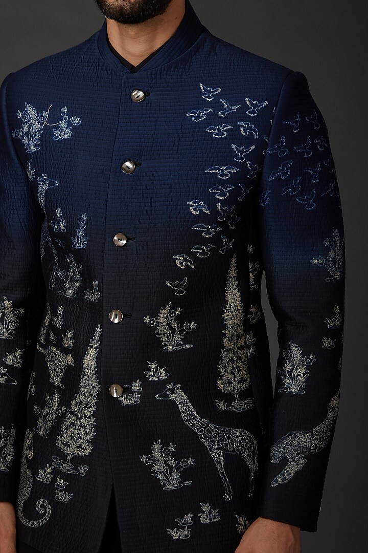 Blue Ombre Chanderi Dyed Shibori Wedding Bandhgala by Rohit Bal Men at Pernia's Pop Up Shop
