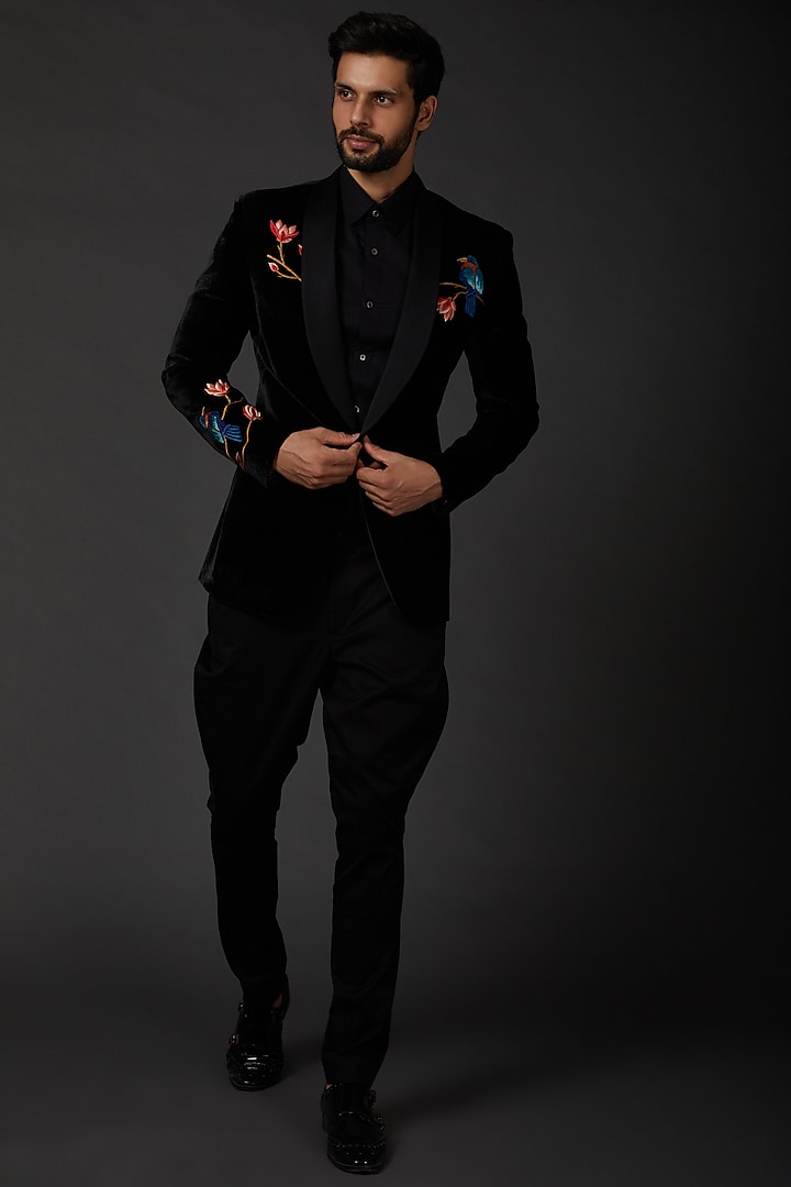 Black Embroidered Silk Velvet Jacket by Rohit Bal Men