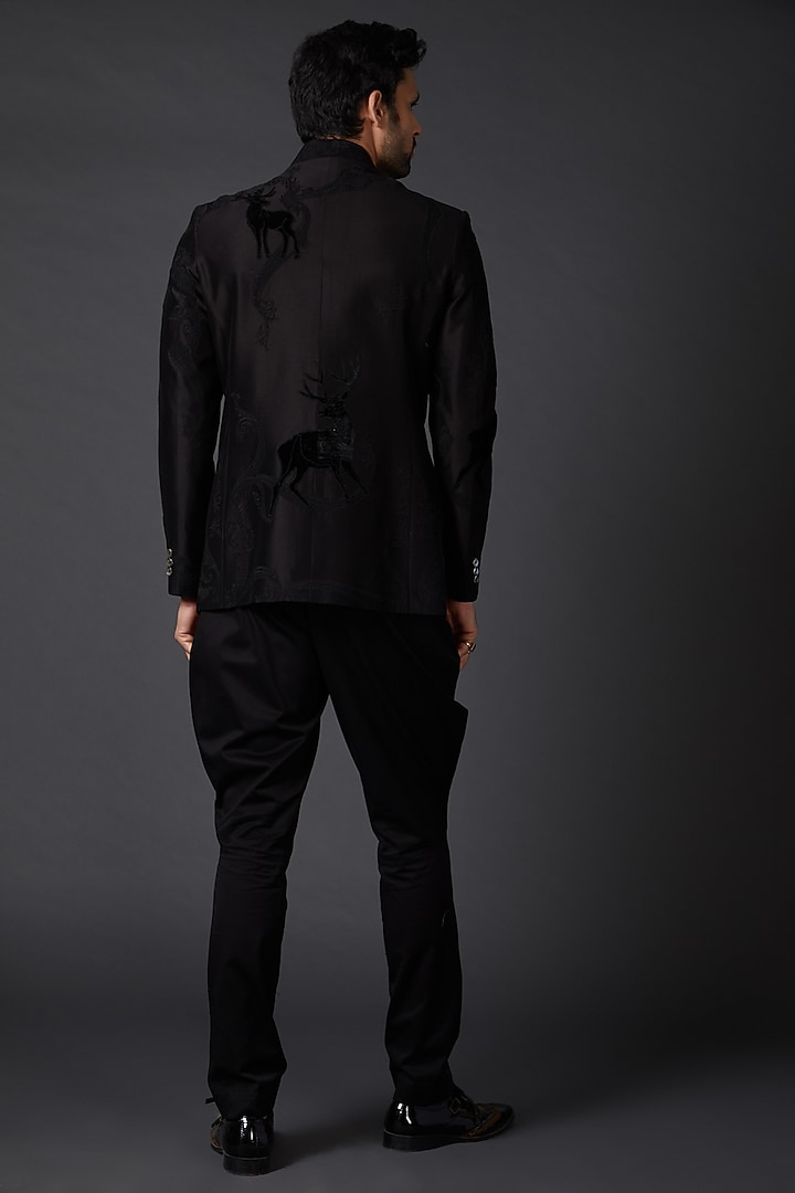 Black Silk Velvet Embroidered Groom Bandhgala by Rohit Bal Men at Pernia's Pop Up Shop
