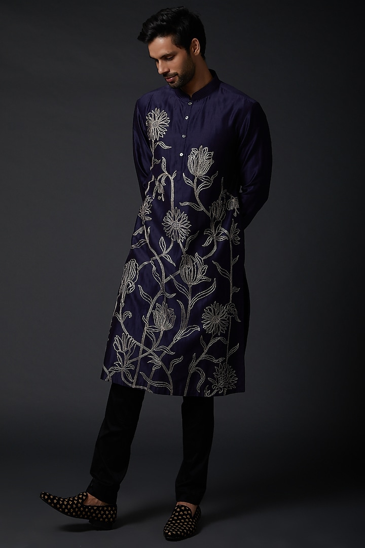 Indigo Blue Machine Embroidered Kurta Set by Rohit Bal Men