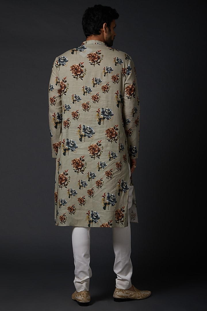 Beige Linen Digital Printed Kurta Set by Rohit Bal Men at Pernia's Pop Up Shop