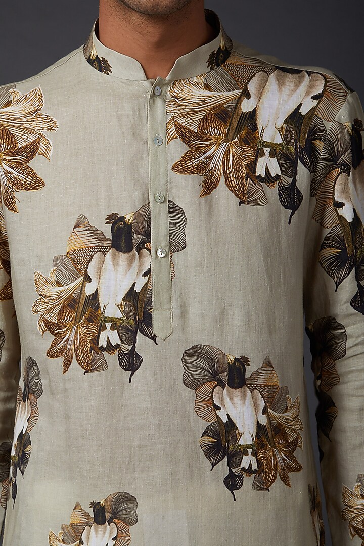 Beige Linen Digital Printed Kurta Set by Rohit Bal Men at Pernia's Pop Up Shop