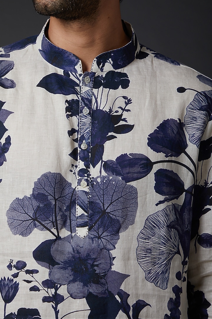 Ivory Linen Digital Print Kurta Set by Rohit Bal Men at Pernia's Pop Up Shop