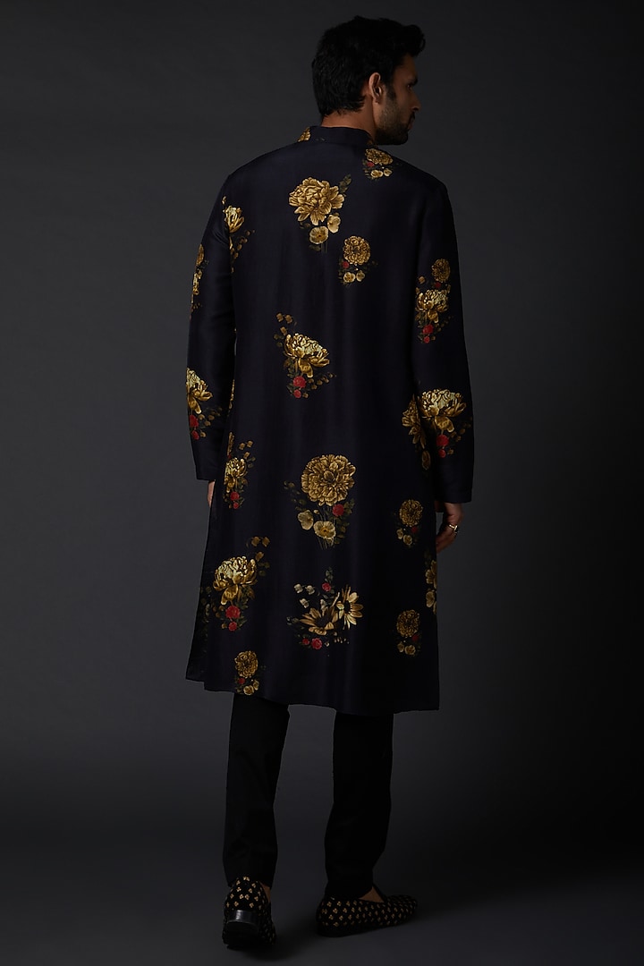 Dark Indigo Blue Dupion Silk Digital Printed Kurta Set by Rohit Bal Men at Pernia's Pop Up Shop