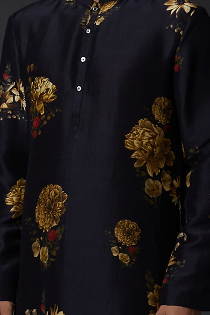 Dark Indigo Blue Dupion Silk Digital Printed Kurta Set by Rohit Bal Men at Pernia's Pop Up Shop
