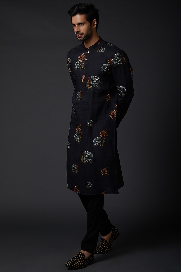 Indigo Blue Linen Kurta Set With Print by Rohit Bal Men