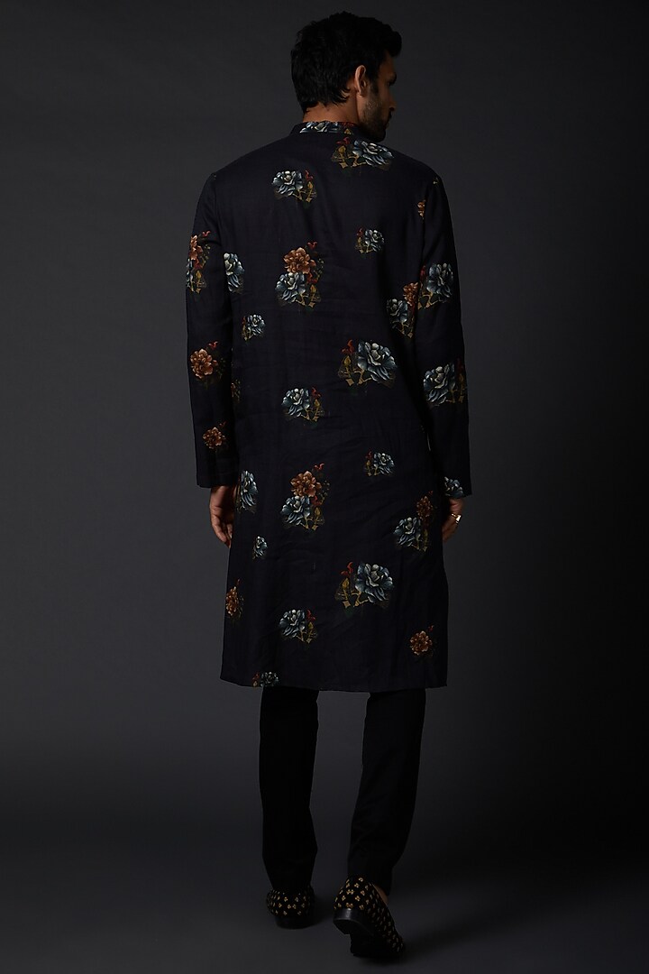 Indigo Blue Linen Printed Kurta Set by Rohit Bal Men at Pernia's Pop Up Shop