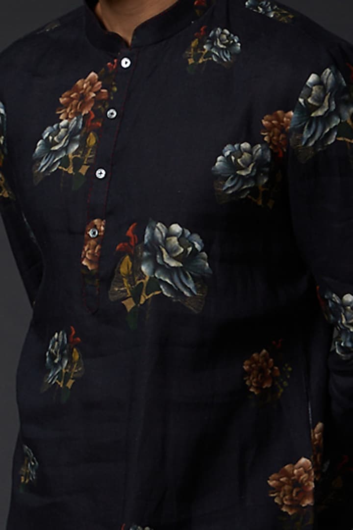 Indigo Blue Linen Printed Kurta Set by Rohit Bal Men at Pernia's Pop Up Shop