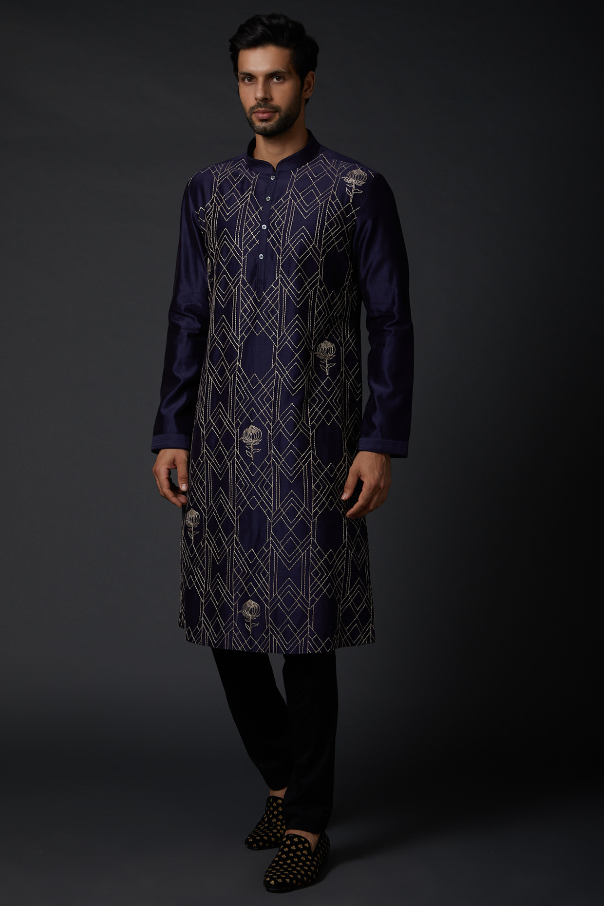 Indigo Blue Chanderi Kurta Set by Rohit Bal Men-POPULAR PRODUCTS AT STORE