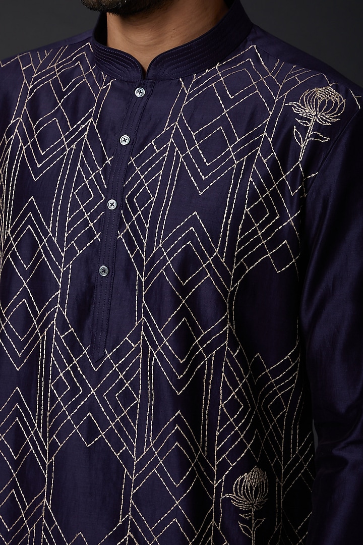 Indigo Blue Chanderi Embroidered Kurta Set by Rohit Bal Men at Pernia's Pop Up Shop