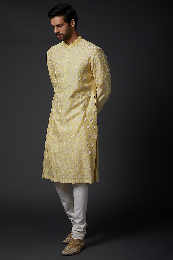 Yellow Embroidered Kurta Set by Rohit Bal Men