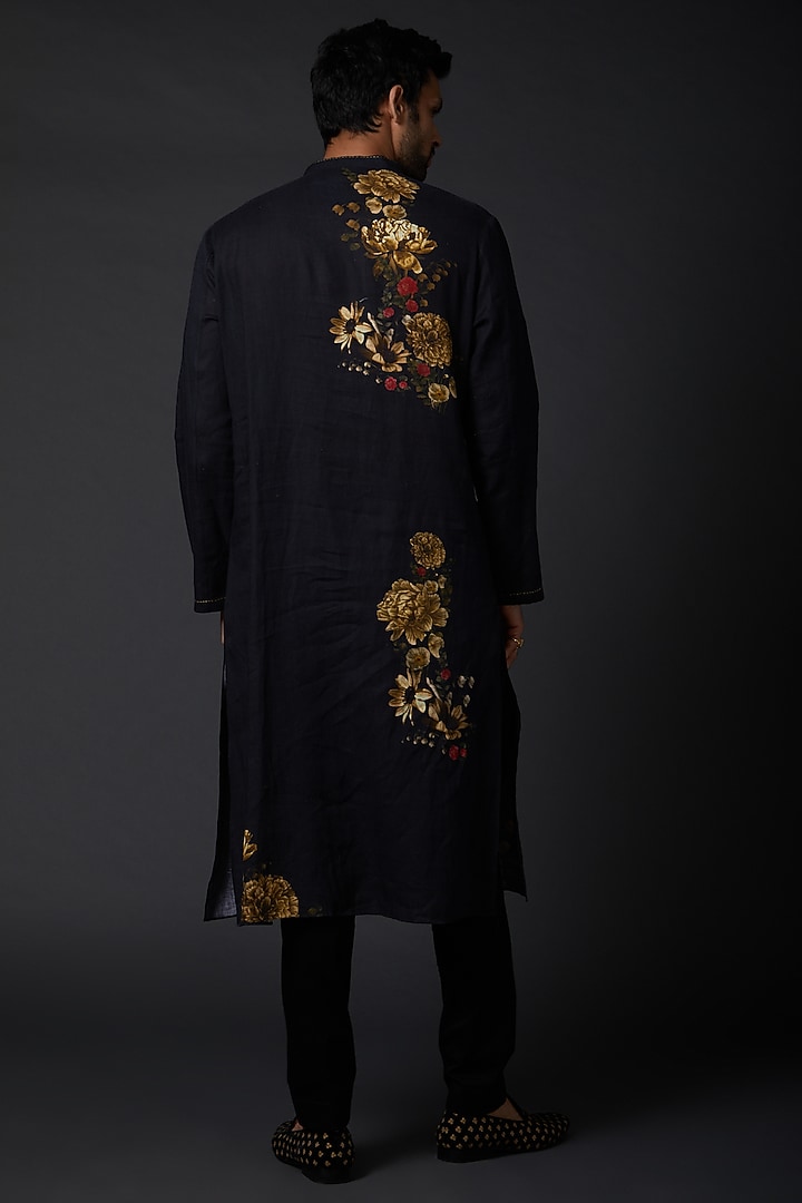 Indigo Blue Linen Digital Printed Kurta Set by Rohit Bal Men at Pernia's Pop Up Shop