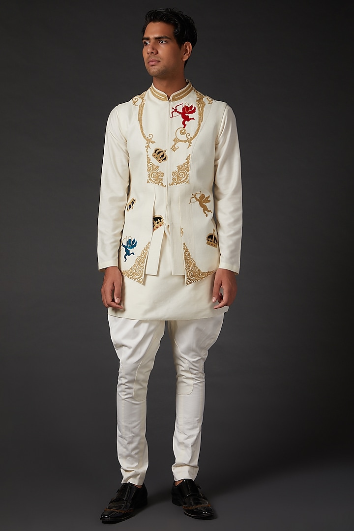 Ivory Embroidered Bundi Jacket by Rohit Bal Men at Pernia's Pop Up Shop