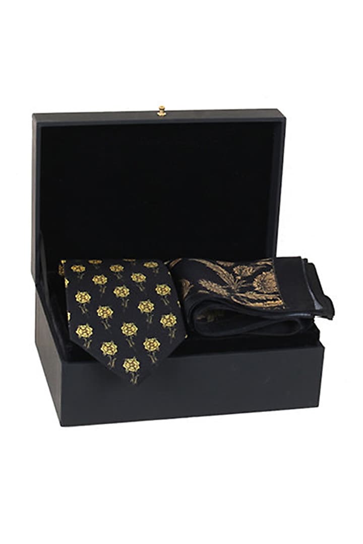 Black Printed Necktie With Pocket Square (Set of 2) by Rohit Bal Men