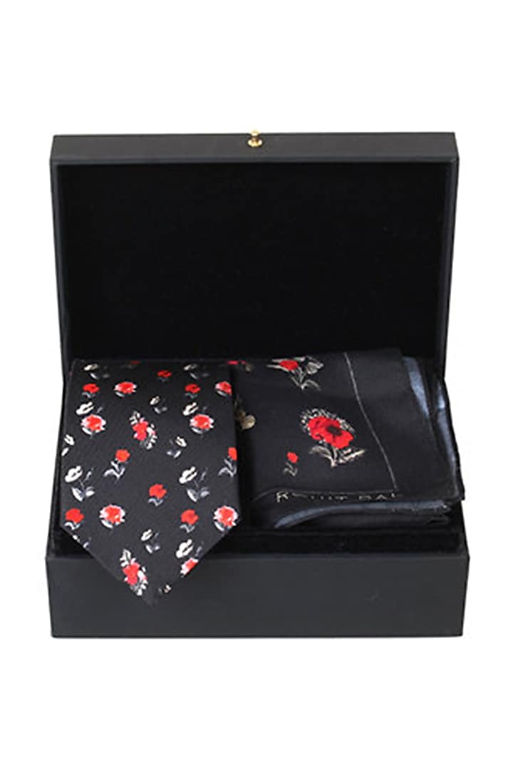 Black Silk Floral Printed Pocket Square With Necktie (Set of 2) by Rohit Bal Men