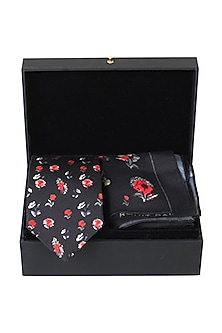 Black Silk Floral Printed Pocket Square With Necktie (Set of 2) by Rohit Bal Men-GIFTS FOR HIM