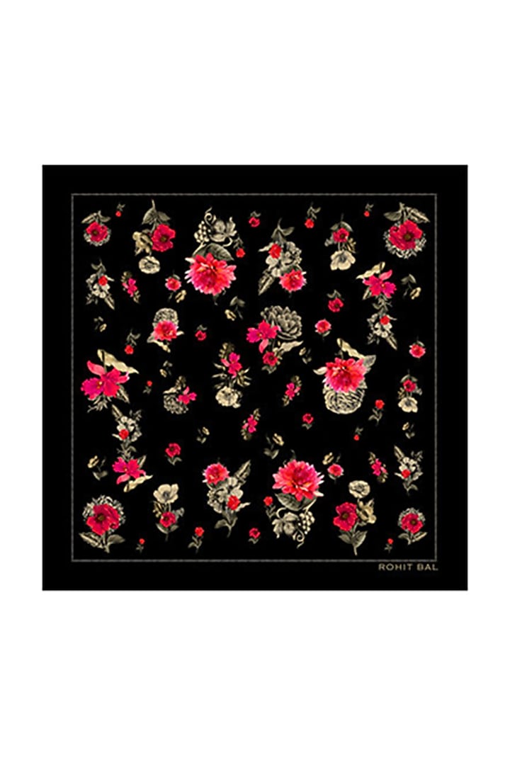 Black Silk Floral Printed Pocket Square With Necktie (Set of 2) by Rohit Bal Men at Pernia's Pop Up Shop