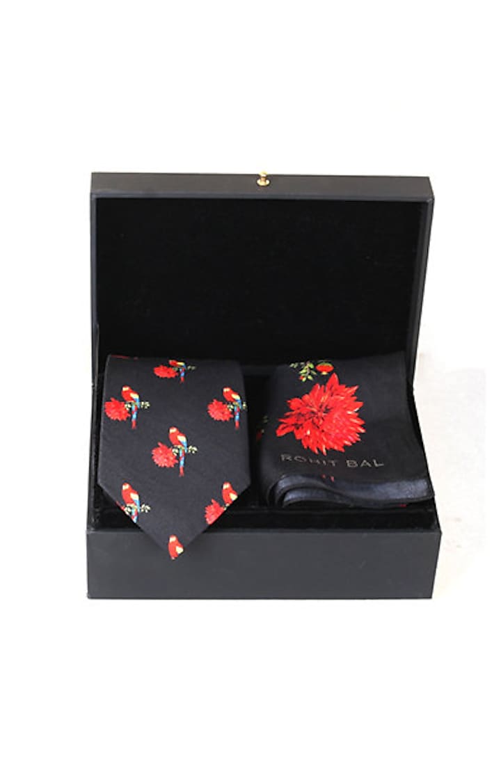 Black Silk Printed Necktie & Pocket Square (Set of 2) by Rohit Bal Men