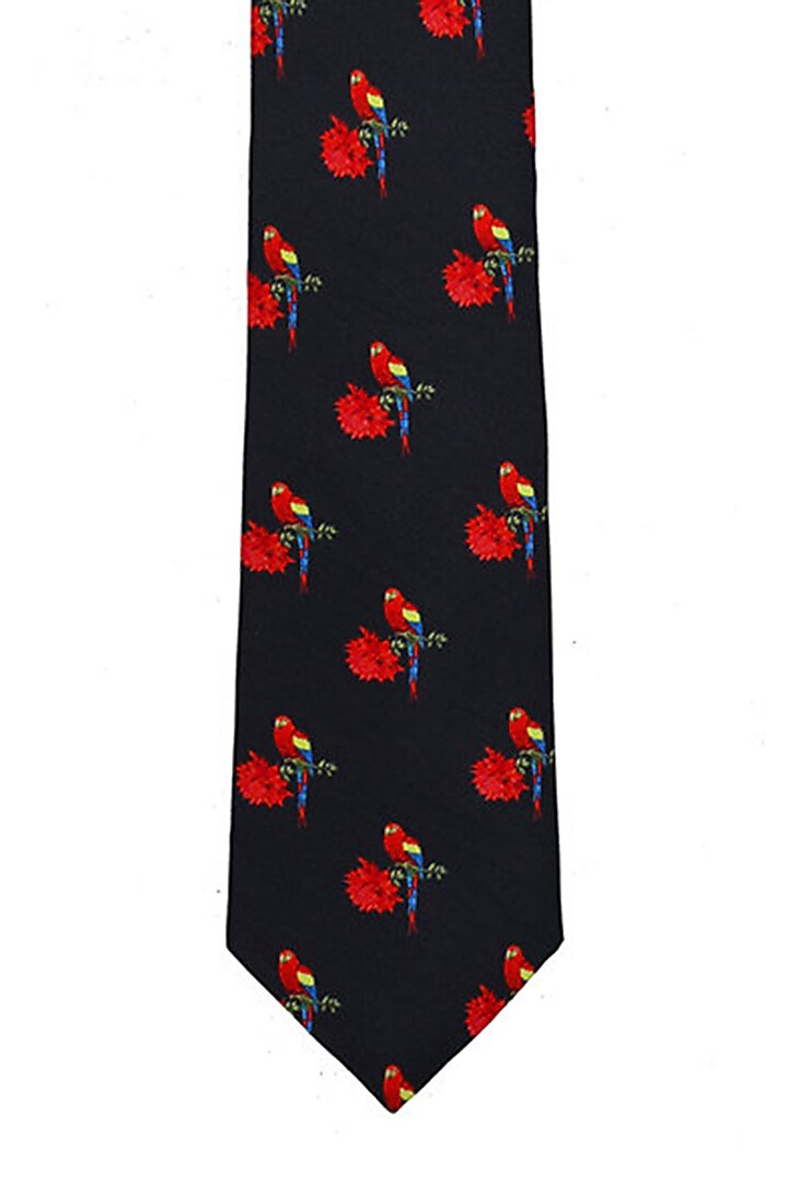 Black Silk Printed Necktie & Pocket Square (Set of 2) by Rohit Bal Men at Pernia's Pop Up Shop
