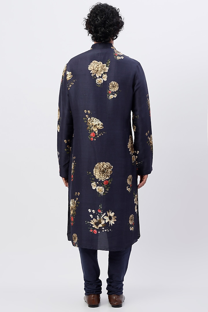 Indigo Blue Dupion Silk Digital Printed Kurta Set by Rohit Bal Men at Pernia's Pop Up Shop