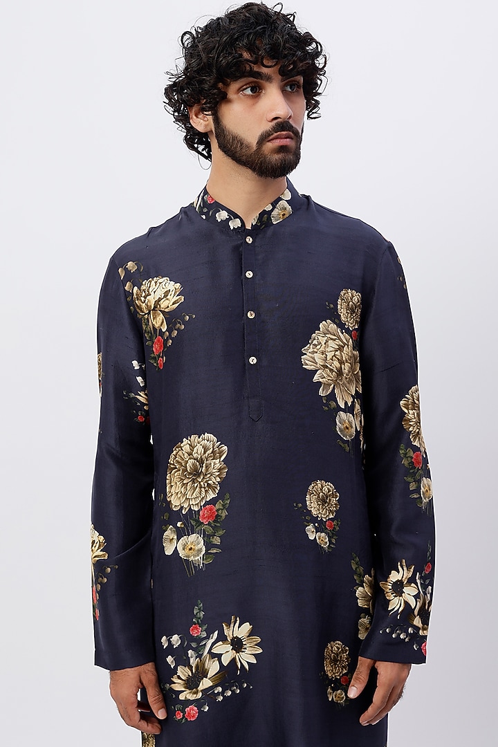 Indigo Blue Dupion Silk Digital Printed Kurta Set by Rohit Bal Men at Pernia's Pop Up Shop