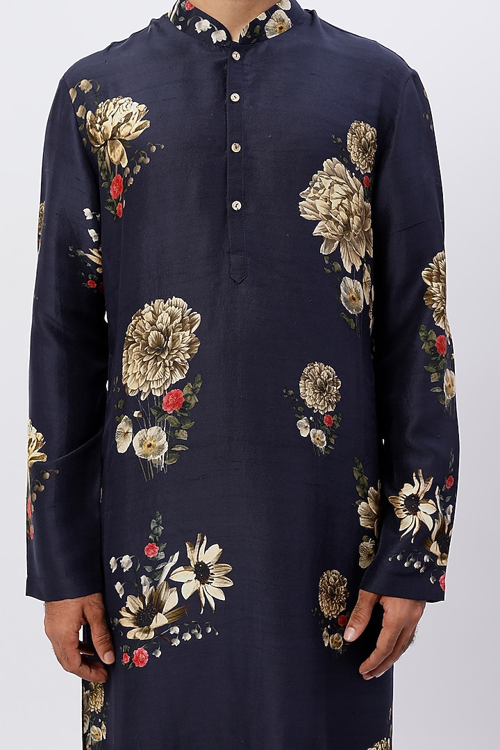 Indigo Blue Dupion Silk Digital Printed Kurta Set by Rohit Bal Men at Pernia's Pop Up Shop