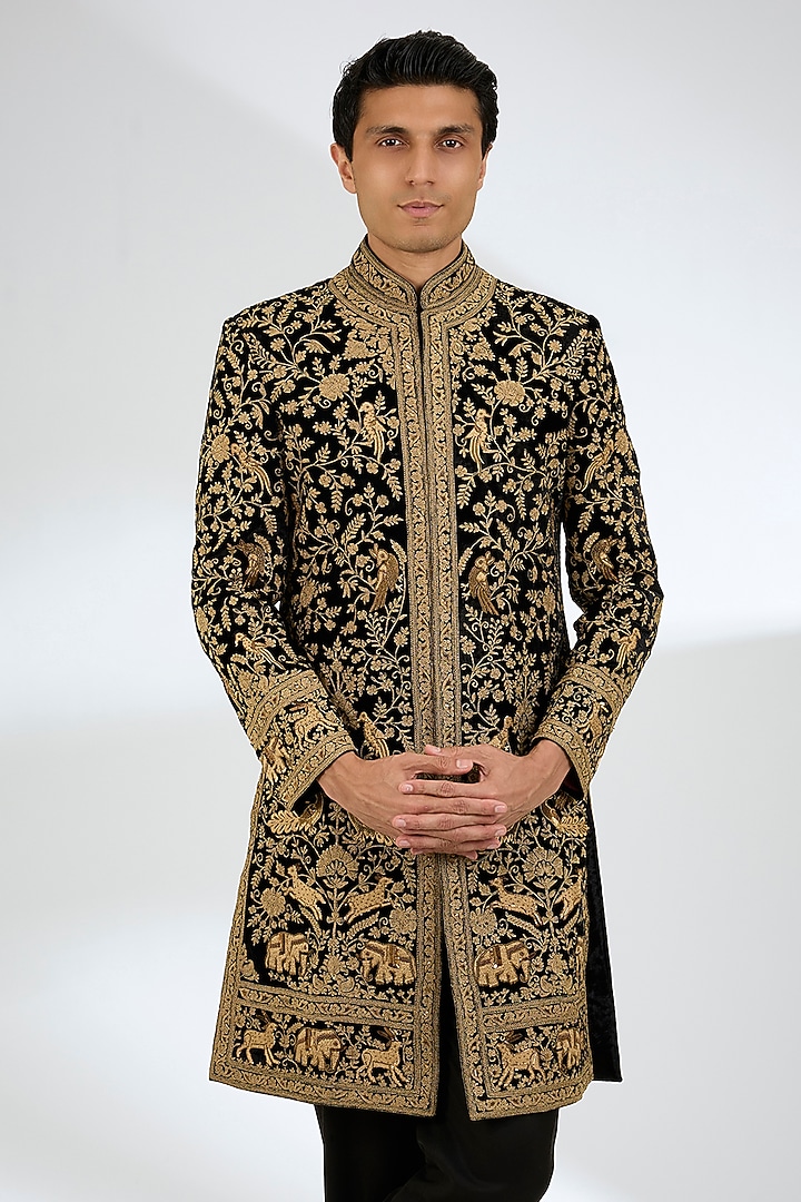 Black Velvet Sherwani by Rohit Bal Men at Pernia's Pop Up Shop