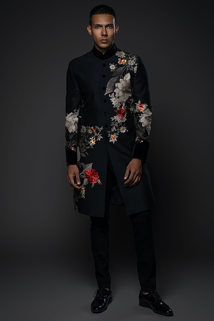 Black Matka Silk Resham Embroidered & Floral Digital Printed Groom Sherwani by Rohit Bal Men at Pernia's Pop Up Shop