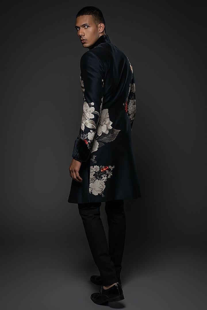 Black Matka Silk Resham Embroidered & Floral Digital Printed Groom Sherwani by Rohit Bal Men at Pernia's Pop Up Shop