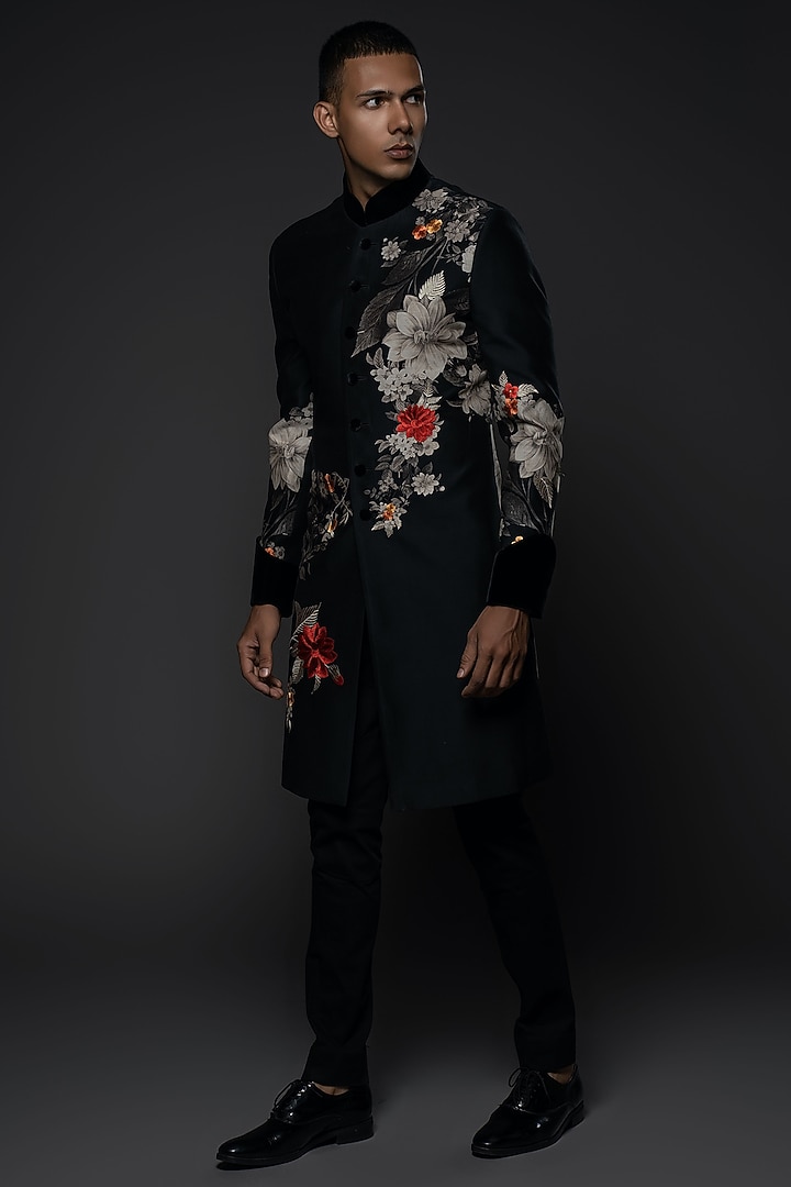 Black Matka Silk Resham Embroidered & Floral Digital Printed Groom Sherwani by Rohit Bal Men at Pernia's Pop Up Shop