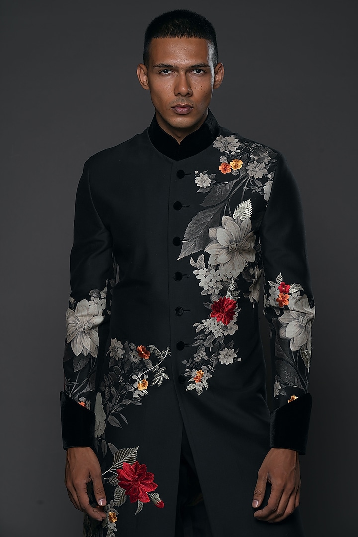 Black Matka Silk Resham Embroidered & Floral Digital Printed Groom Sherwani by Rohit Bal Men at Pernia's Pop Up Shop